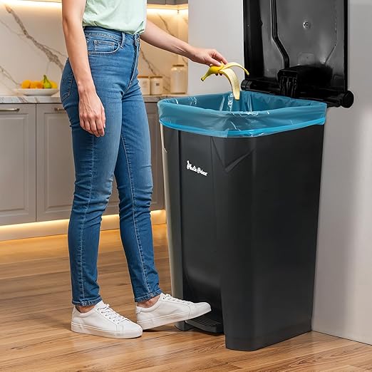 27 Gallon Step-On Trash Can/Container, Black Plastic Dustbin with Lid and Foot Pedal, Hands-Free Disposal