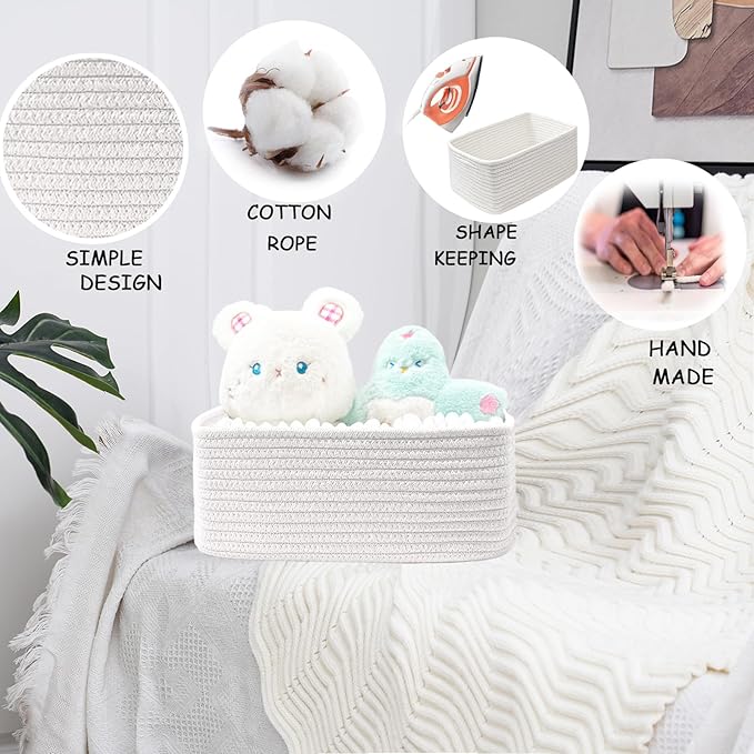COMFY-HOMI 11.5"x7.5"x4.7" Storage Baskets for Organizing | Cotton Rope Woven Basket | Toy Storage Bin Box | Basket for Shelves, Closet Organizer Bin, Decorative Closet Shelf, 3 Pack, All white