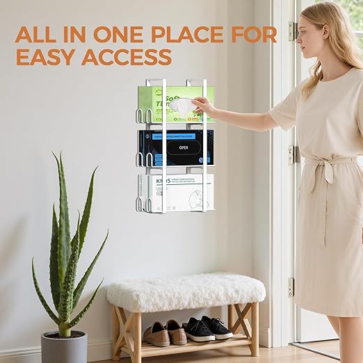 Glove Holder Dispenser for Wall Mount, White Metal Disposable Latex Gloves Holder for Lab, Wall-Mounted Rubber Box Holder, Tissue Rack for Kitchen and Garage