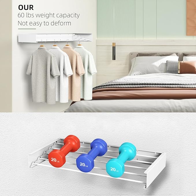 Laundry Drying Rack, Collapsible Wall Mounted Clothes Drying Rack - Foldable,Space Saving, 13.2 Linear Ft, 5 Aluminum Rods, 60 lb Capacity (White, 23.6")