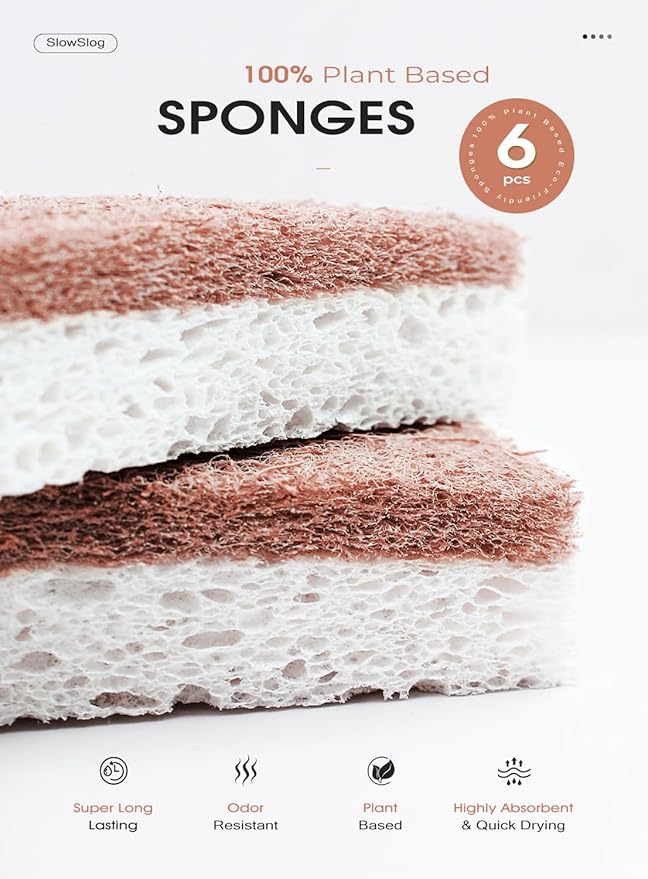 Double Sponge Holder, Water-Absorbing Stone Dish Sponge Caddy for Kitchen Sink Counter, Fast-Drying Stone Sponge Holder with 6 Sponges and 1 Brush, White