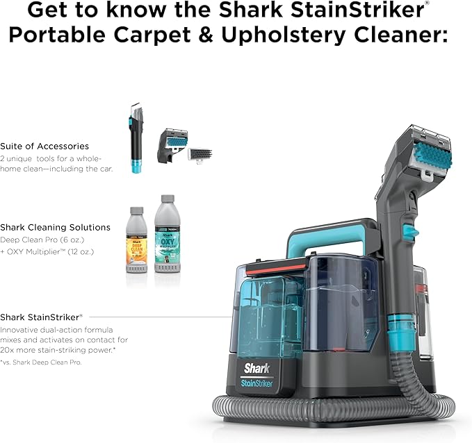 Shark StainStriker Portable Carpet & Upholstery Cleaner w/on board self cleaning - Spot, Stain, & Odor Eliminator, Includes 2 Cleaning Tools & 2 Cleaning Solutions, Charcoal, PX221BRN