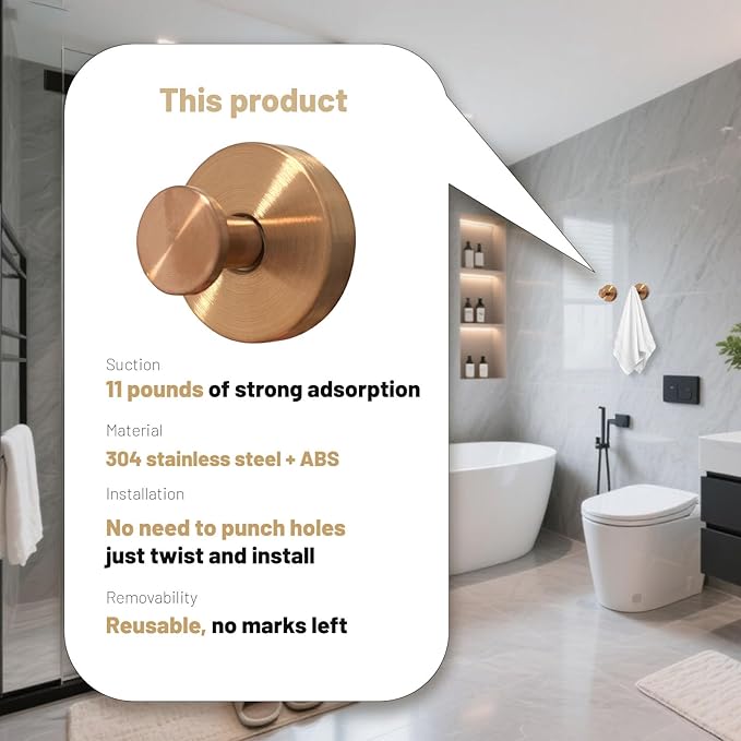 4pcs Suction Cup Hooks for Shower,Shower Towel Suction Hooks,No Drill Towel Hooks for Bathroom Wall,Kitchen,Glass,Mirror,Tile to Hang Towels,Robes,Loofah (Rose Gold)