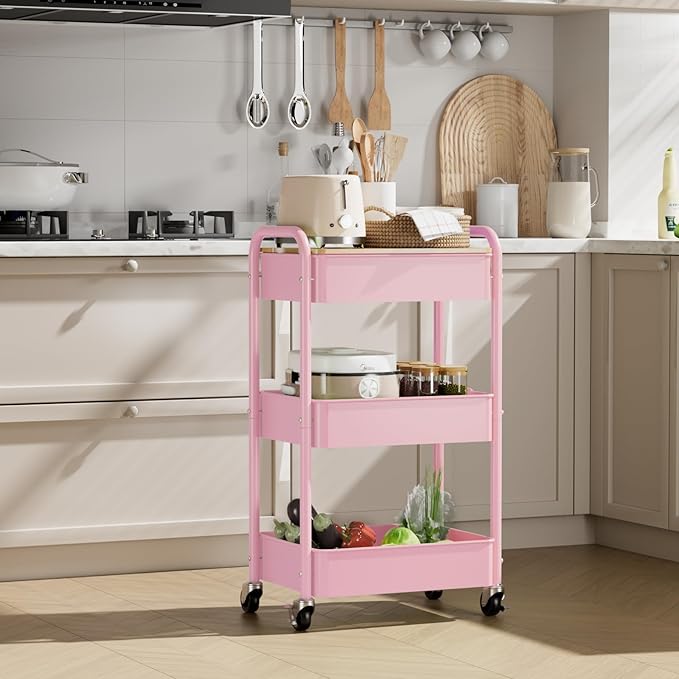 3 Tier Rolling Cart with Table top, Metal Rolling Utility Cart, Sturdy Storage Organizer Cart with Locking Wheels & Hooks for Office, Classroom, Kitchen and Bathroom,Pink