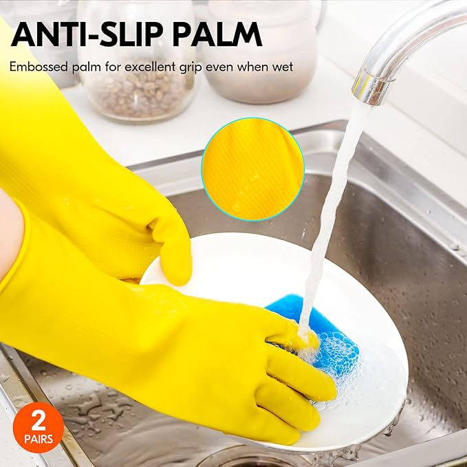 Vgo... 2-Pairs Reusable Household Gloves, Rubber Dishwashing gloves, Extra Thickness, Long Sleeves, Kitchen Cleaning, Working, Painting, Gardening, Pet Care (Size XL, Yellow, HH4601)