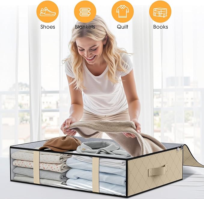 StorageRight Under Bed Storage Bins, 2-Pack 40L Foldable Fabric Storage Bags with Transparent Window, Breathable Organizer for Clothes/Blanket/Comforter/Quilts,Beige