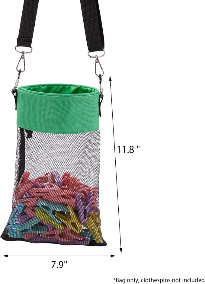 Mesh Clothespin Bag with Hooks Hanging Clothes Pin Bag with Drawstring Closure Clothespin Holder, Ventilation and Moisture Resistance, Storage Organizer, Machine Washable (Green)