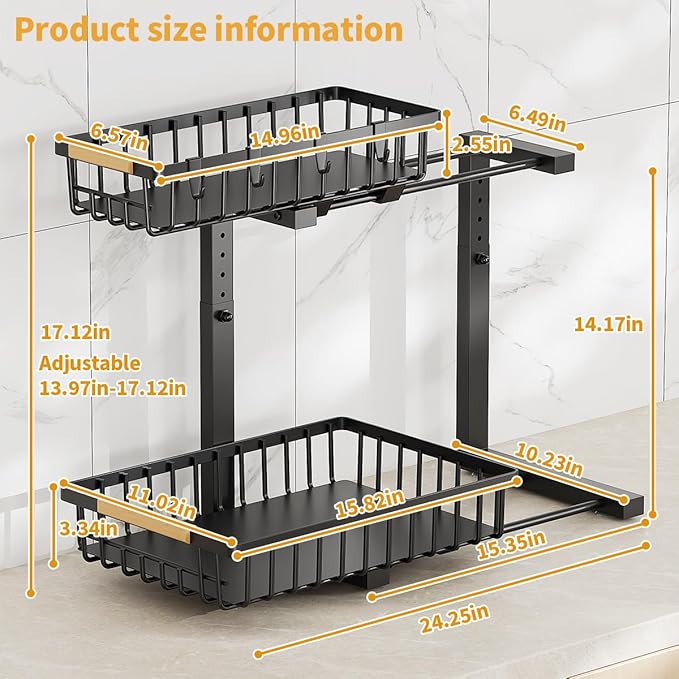 Under Sink Organizer, 2 Tier Under Sink Organizers and Storage, Metal Slide out Pull out Cabinet Organizer ,2 Pack Sliding Drawer Organizer for Kitchen Bathroom Pantry