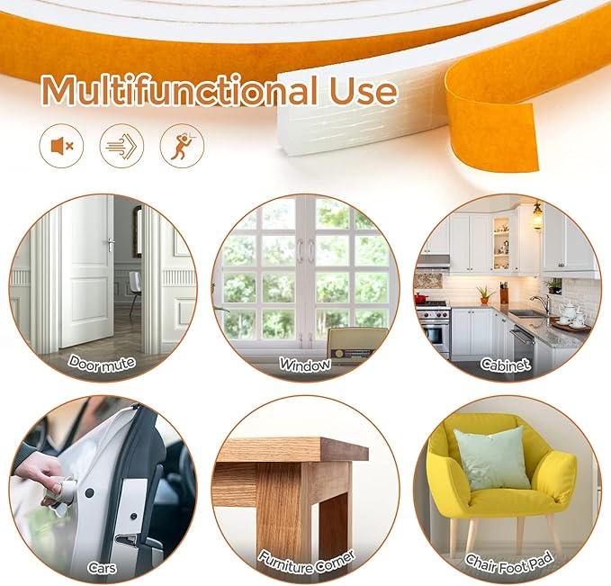10 Feet Weather Stripping Door Seal, 1" Wide X 1/8" Thick Door Seal Strip High Density Foam Tape Adhesive Strip for Door Soundproofing,Window Insulation (1" x 1/8" x 10FT,White)