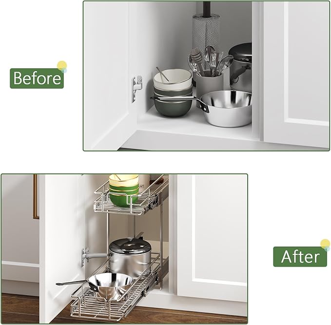 2 Tier Individual Pull Out Cabinet Organizer 9" W x 21½" D, Heavy Duty Cabinet Pull Out Shelves, Slide Out Drawers Organization for Kitchen Cabinets Bathroom
