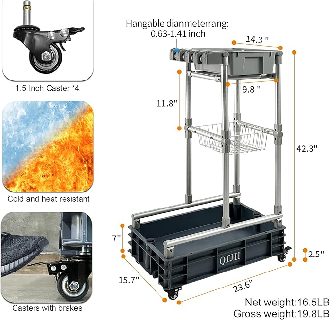 Rolling Cleaning Cart with Mop & Broom Organizer , Convenient Storage Cart for Janitorial Supplies, Tools, and Cleaning Equipment , Floor Cleaning Station with Wheels for Housekeeping, Garage &Garden
