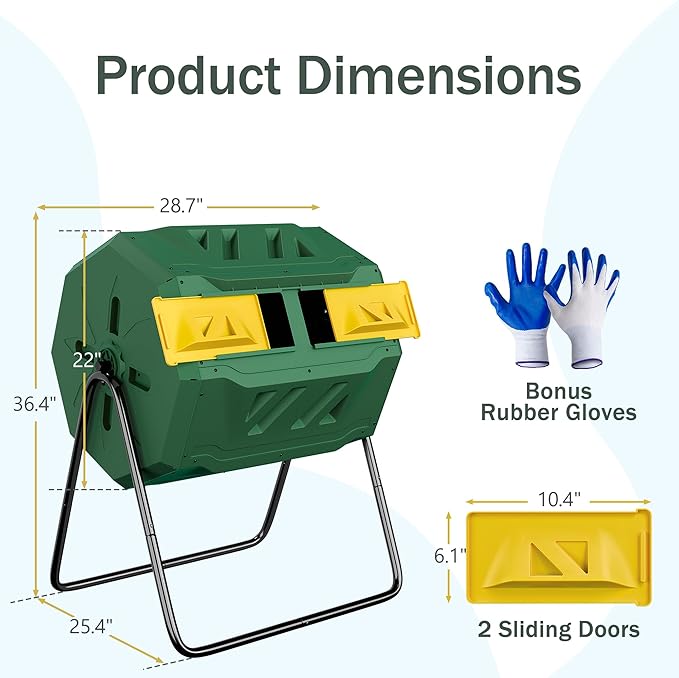 43 Gallon Outdoor Dual Chamber Tumbling Composter - BPA Free, Rotating Compost Bin with Sliding Doors & Steel Frame for Garden/Yard