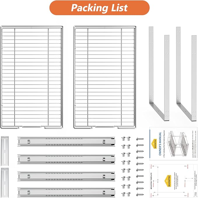 ROOMTEC Individual Pull Out Cabinet Organizer (9" W x 21½" D), 2 Tier Spice Rack Organizer for Cabinet, Slide Out Drawer Pantry Shelf Organization and Storage for Kitchen Bathroom