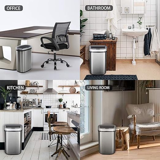 HCB Trash Can Automatic Waste Bin Mute Metal Garbage Can with Lid Stainless Steel 13 Gallon 50 Liter for Kitchen | Office | Bedroom | Bathroom | Living Room, 11” x 16” x 23”