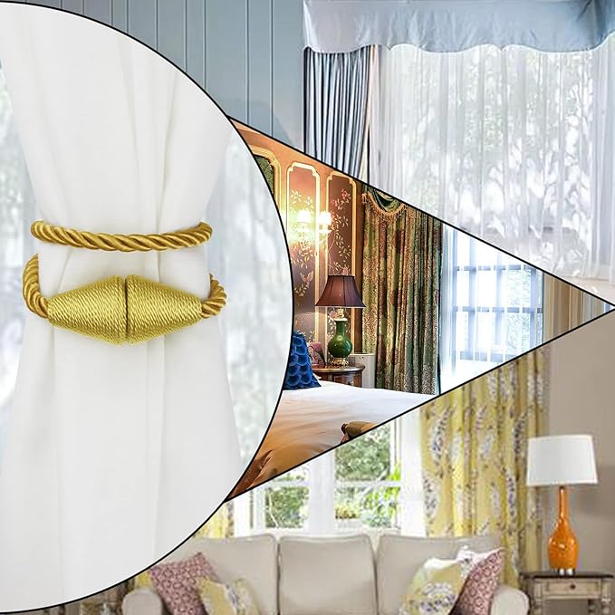 6 Pack Magnetic Curtain Tiebacks Rope Modern Handmade Curtain Tie Backs Decorative Drapes Weave Holdbacks for Window Décor, Gold