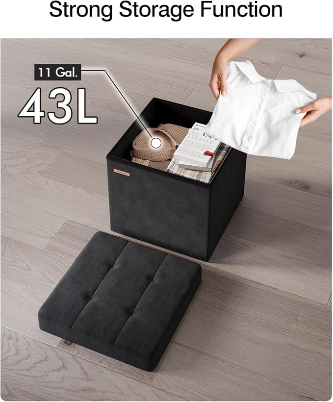 Folding Storage Ottoman, Velvet Storage Bench, Footrest, Footstool, for Living Room, Bedroom and Office,15 x 15 x 15 Inches, 300 kg Load Capacity, Ink Black,UASND04B