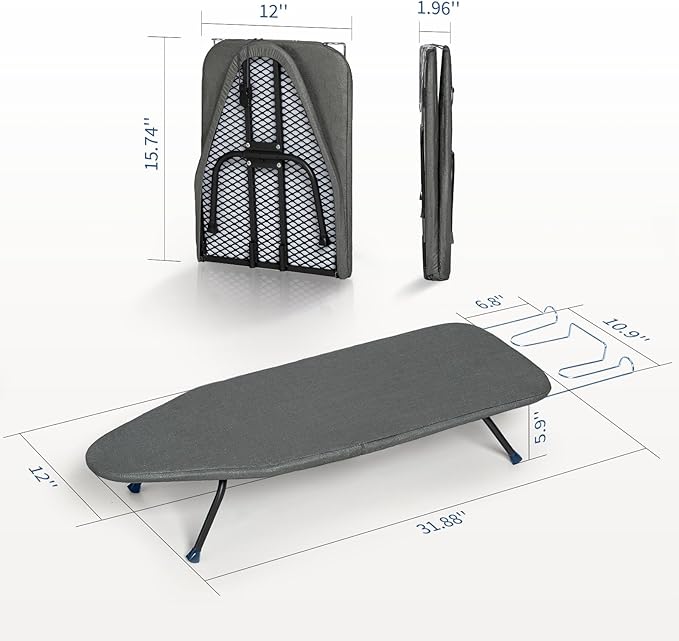 Small Ironing Board Foldable, BlissBoard Tabletop Iron Board with Cover and Pad, Metal Frame Mini Ironing Table Countertop for Space Saving, 31"x12", Black