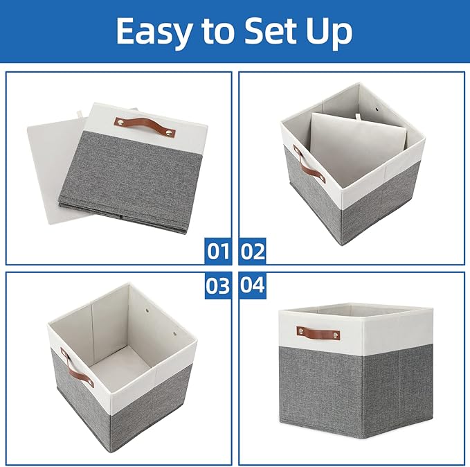 Temary Storage Cubes 12ラ12 Fabric Cube Storage Bins Foldable Storage Baskets with Handles, Decorative Storage Boxes for Organizing, Home, Office, Nursery, Shelf, Closet (White & Grey, 12 x 12 x 12)