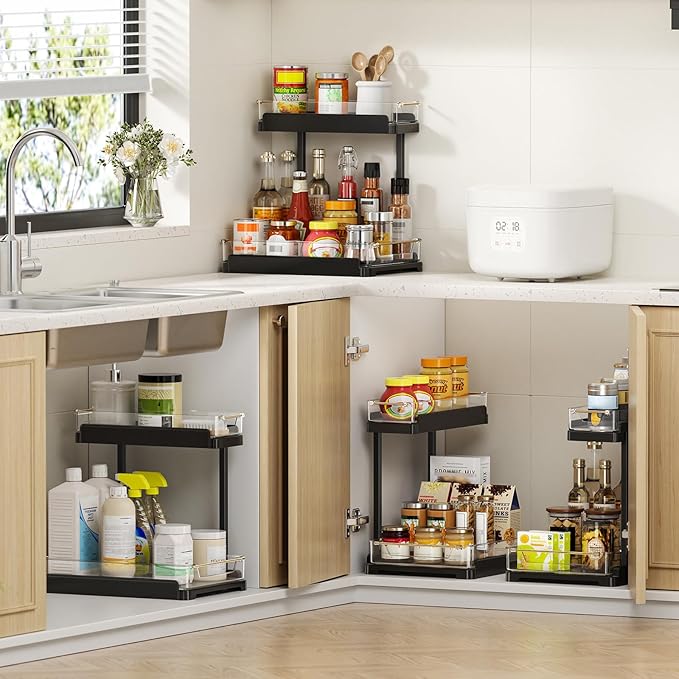 heart & home 1-Pack Under Sink Storage Organizer for Kitchen & Bathroom Cabinets with Removable Washable Tray, Tool-Free Assembly – Multi-Purpose for Kitchen Countertop, Vanity, & Laundry Room,Black