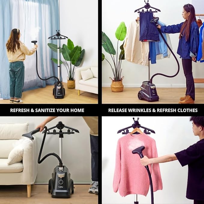 True & Tidy® Heavy-Duty Industrial Standing Garment Steamer for Clothes, 1800 watts, Extra Large 3L water tank 90+ mins of Steam Time (Matte Black, Smart Auto-Off Commercial Garment Steamer)