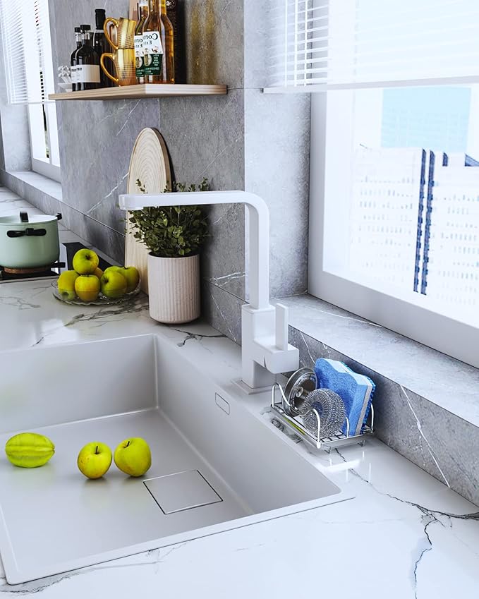 Consumest Sponge Holder for Kitchen Sink - Movable Sink Caddy for Countertop Organizer, 304 Stainless Steel Sponge Holder with Detachable Drip Tray for Kitchen Accessories-Silver