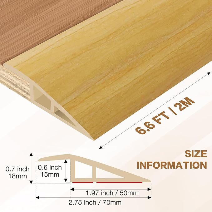 Floor Transition Strip Vinyl Door Threshold Ramp Self Adhesive Carpet Edging Strip Doorway Edge Trim, Overlap Edge Reducer for Laminate Carpet, Floor, Tile (Raw Wood Grain, 2/5" to 3/5", 6.6Ft)