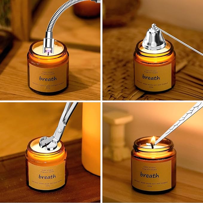 5 in 1 Candle Accessory Set,Candle Wick Trimmer Cutter,Candle Wick Dipper,Candle Wick Snuffer,Rechargeable Candle Lighter,Tweezers,Stainless Steel Candle Care Kit Home Gift for Aromatherapy(Silver)