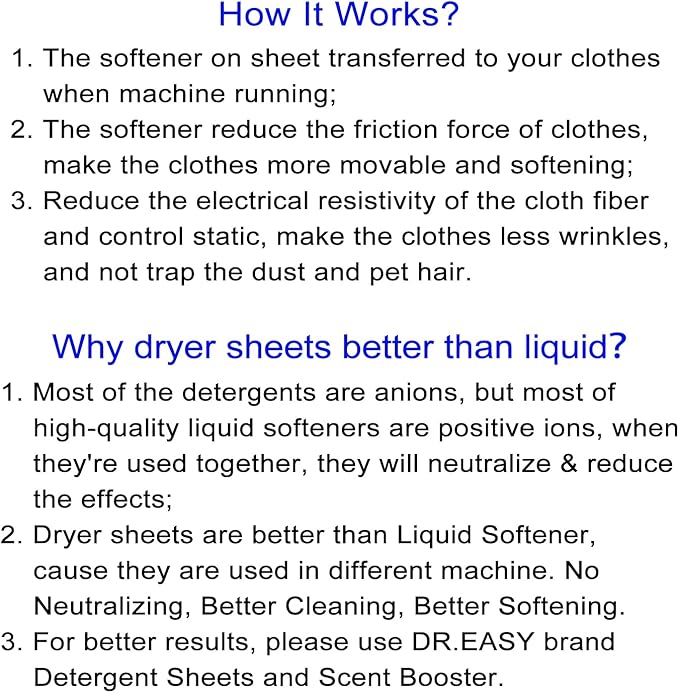 Dr.Easy Dryer Sheets Free & Clear Plant Based all ingredients for Sensitive Skin 160 Ct 100% Rayon Fabric Softener sheet unscented & no dyes Reduce Static & Wrinkles Soften Clothes Help Repel Pet Hair