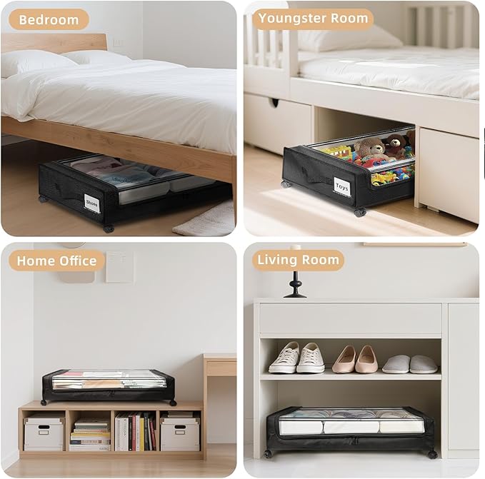Under Bed Storage with Wheels 2-Pack,Under Bed Storage Containers XXL,Underbed Shoes Storage with Clear Lid,Rolling UnderBed Metal Drawer for Clothes Blankets Easy Pull-out Black