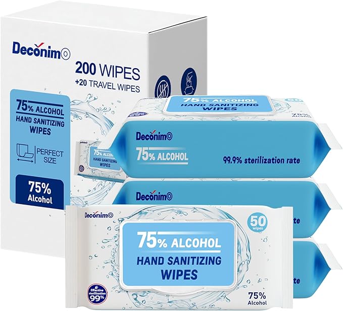 Advanced Large 75% Alcohol Hand Sanitizing Wipes, 4 Packs of 50 (200 Wipes) - Plus 20 Travel Packs - (Each Wipe Size 6" x 8")