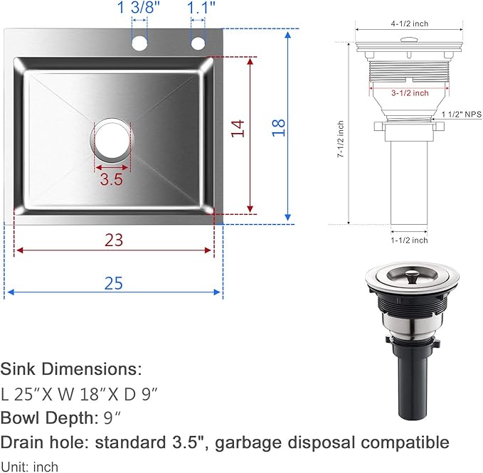 25x18 Inch Kitchen Sink Drop in, Premium T-304 Grade Stainless Steel Sink, 9" Deep Single Bowl with Brushed Finish, R10 Tight Corner, 2 Pre-Drilled Holes, Topmount Sink with Strainer