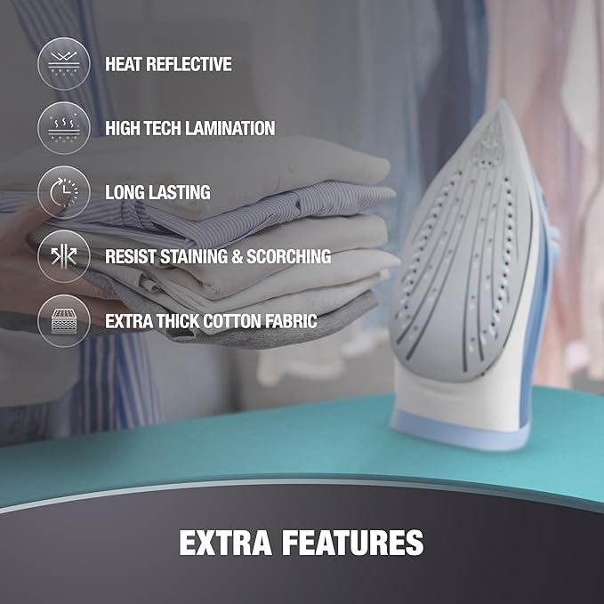 Extra Thick Ironing Board Covers with Pad Standard Size 15x54, Heat Reflective Full Scorch Resistant Padding, Snug Fit Non-Slip Nose Pocket Fastener Straps Elastic Edges, Turquoise