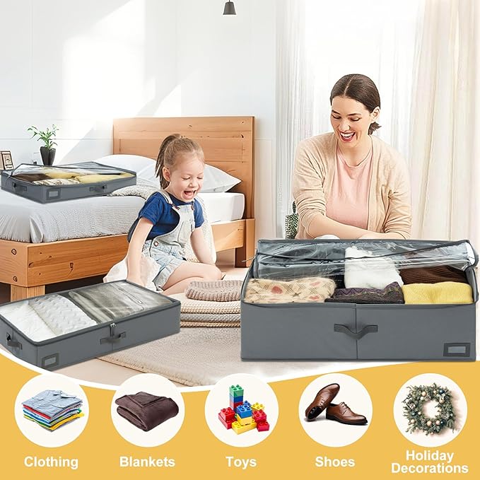 10-Inch Under Bed Storage Containers (3-Pack) | Sturdy Sidewalls | Clear Cover & Label Holder | Foldable Closet Organizer | Stores Clothing/Blankets/Wrapping Paper/Toys