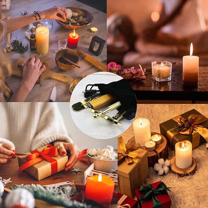 4 in 1 Candle Accessory Set, USB Rechargeable Lighter, Candle Wick Trimmer Cutter, Candle Snuffer & Candle Wick Dipper for Candle Aromatherapy Lover Gift, Stainless Steel Candle Care Kit (Golden)