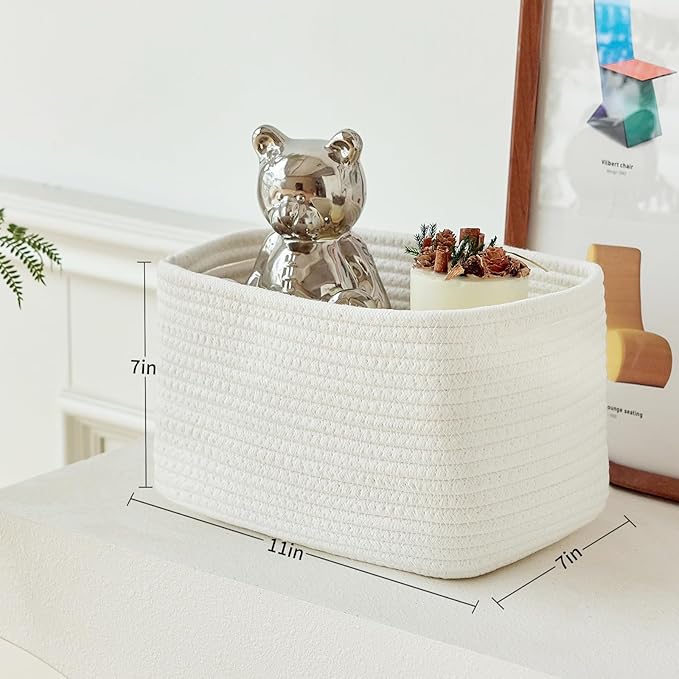 Small Cotton Rope Basket – Storage Bin for Organizing (10.6" x 6.7" x 6.7"), Bathroom Storage Basket for Shelf, Counter & Closet(White)