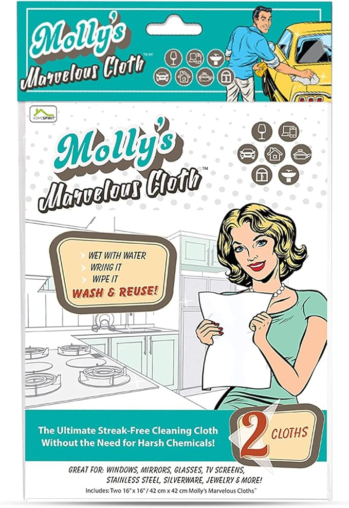 Molly's Marvelous Cloth, Streak-Free, Lint-Free Microfiber Cleaning Cloth, Polishing Cloth for Glass, Stainless Steel, Use for Kitchen, Bath, Cars, Detailing, Reusable(17" by 16") (2pk, White)