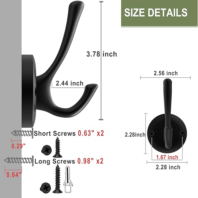 Black Towel Hooks, 2 Pack Coat Robe Hook Heavy Duty Metal Double Bathrobe Hook Wall Mounted, Hand Towels Hooks for Cubicle Bathroom Kitchen Closet Garage