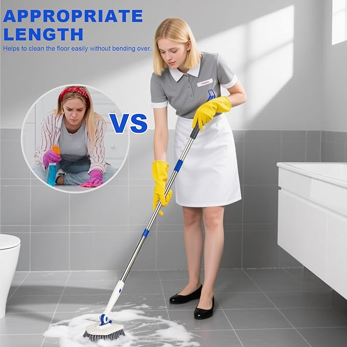 Tile Tub Scrubber Brush with 52-inch Adjustable Long Handle 3-in-1 Rotatable Shower Brush for Cleaning,3 Different Replacement Brush Heads for Cleaning Tub Tile Bathroom Kitchen Walls ,Blue