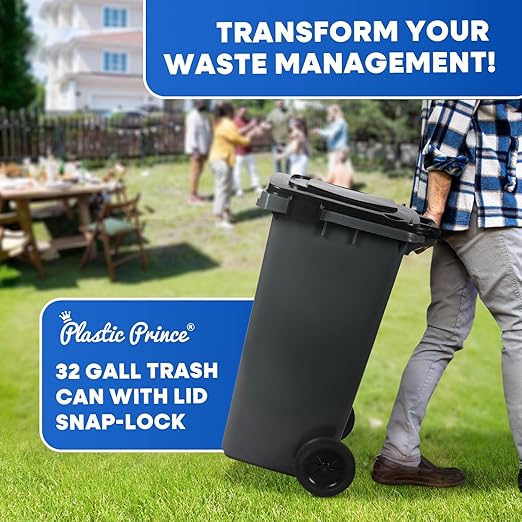 32 Gallon Trash Can with Wheels Outdoor Trash Can with Lid and Wheels Lockable Garbage Can Commercial Heavy-Duty Trash Bin Rolling, Plastic Gray
