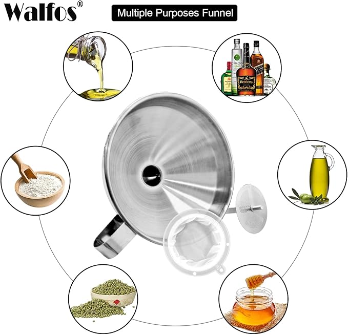 Stainless Steel Funnel, Walfos Kitchen Funnel with 2 Removable Strainer & 1Pc Cleaning Brush, Perfect for Transferring of Liquid, Oils, Jam, Dry Ingredients & Powder (Big, 4.9")