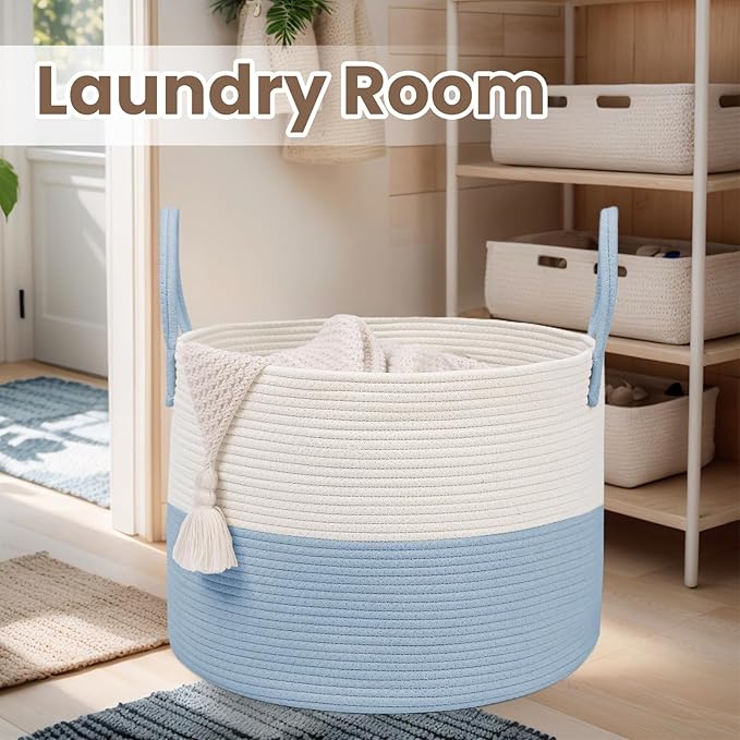Woven Blanket Basket,65L Large Rope Storage Bin with Handles, Organizer for Blankets Toys Book and Clothes, Laundry Basket for Living Room Bedroom Nursery,White&Blue