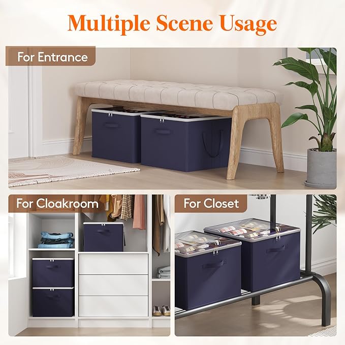 Lifewit Shoe Storage Organizer for Closet Fits 12-16 Pairs, Fabric Large Shoe Box Storage Containers with Clear Cover, Foldable Bins Fit for Boots Heels Sneakers 17"(L) x 17"(W) x 12.5"(H) 3 Pack Blue