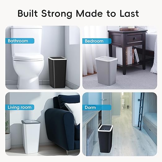 Small Trash Can, 3 Pack 4 Gallons Bathroom Garbage Can with Lid Press-Top, Small Waste Basket with Trash Bags, Slim Plastic Garbage Bin for Dorm, Office, Bedroom, Kitchen, Living Room ( Black )