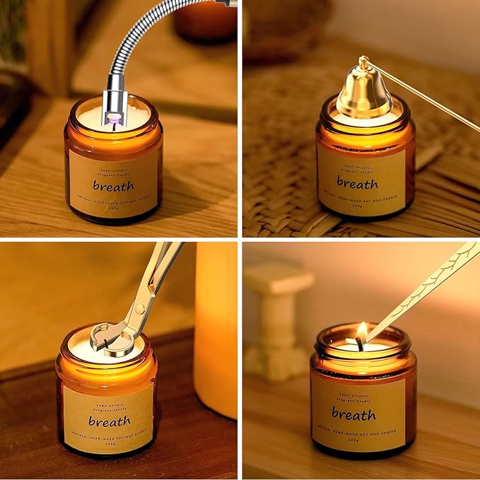 5 in 1 Candle Accessory Set,Candle Wick Trimmer Cutter,Candle Wick Dipper,Candle Wick Snuffer,Rechargeable Candle Lighter,Tweezers,Stainless Steel Candle Care Kit Home Gift for Aromatherapy(Gold)