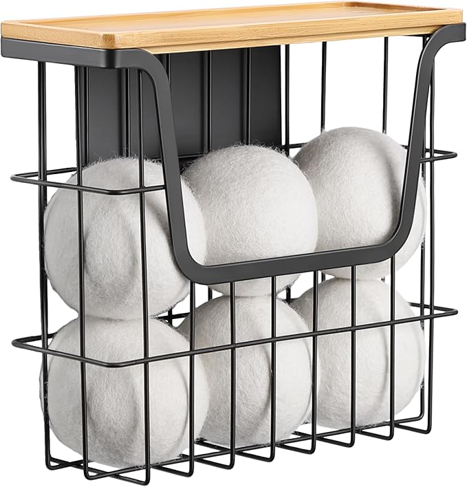 Magnetic Dryer Ball Holder - Black Basket for Laundry Room Organization and Storage with Bamboo Top - Magnetic Lint Bin Suitable for Washer and Dryer / Fridge / Whiteboard (No Balls)