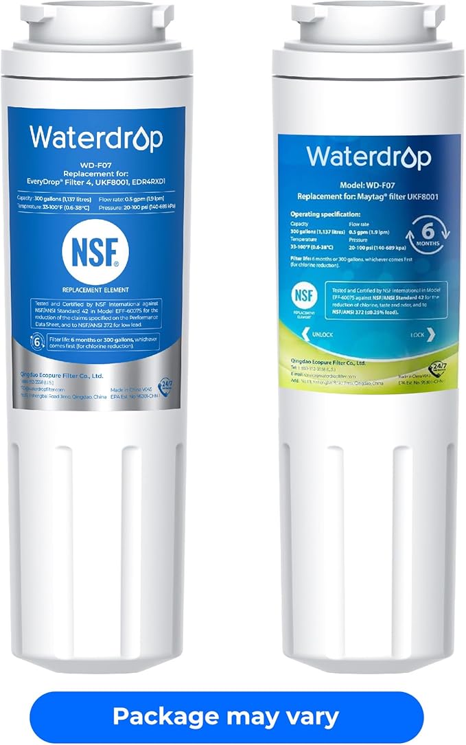 Waterdrop EDR4RXD1 Refrigerator Water Filter,Replacement for EveryDrop® Filter 4, Whirlpool® UKF8001, 4396395, Maytag® UKF8001AXX-200, UKF8001AXX-750, Kenmore® 46-9006, WD-F07 (Package May Vary)