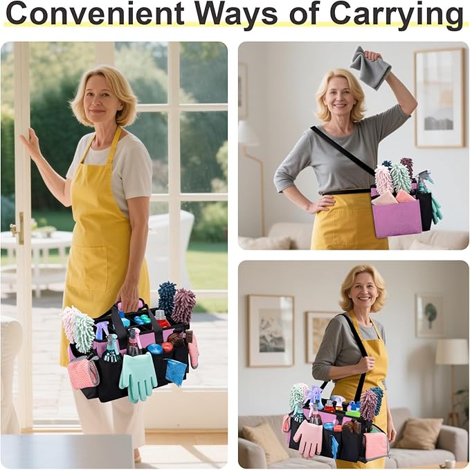 Wearable Large Cleaning Caddy Bag for Housekeeper, Clean Supply Organizer with Adjustable Shoulder, Waist & Handle Straps, Detailing Bag for Kitchen Supplies (Pink)