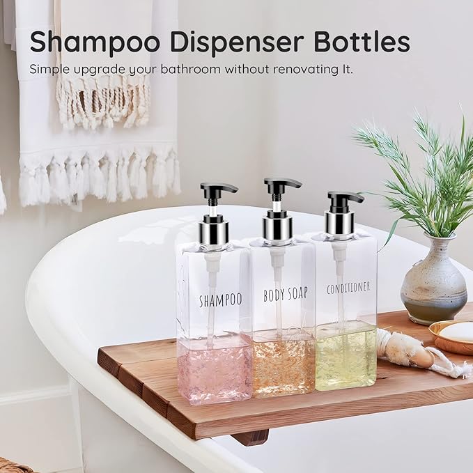 Segbeauty 3pcs Clear Soap Dispenser, 16.9oz Refillable Shampoo Conditioner Bottles, 500ml Empty Plastic Square Body Wash Dispenser for Shower Bathroom Press Pump Bottle Liquid Container Set