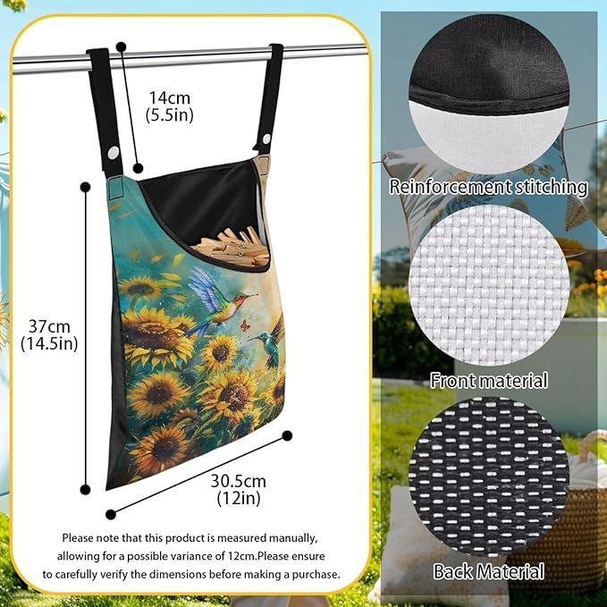 2 Pcs Clothes Pin Hanging Bag with Big Opening Storage Clothes Pins & Mini Clothespins,Hanging Laundry Bag Fits Retractable Clothes Line Outdoors(Hummingbird Sunflower)