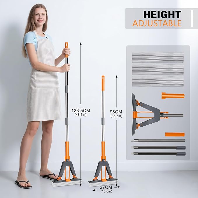 Sponge Mop,Masthome PVA Squeeze Mop with 3 Absorbent Mop Refills,Sponge Mops for Floor Cleaning,Easy Squeeze Roller Mops for Kitchen Bathroom Office